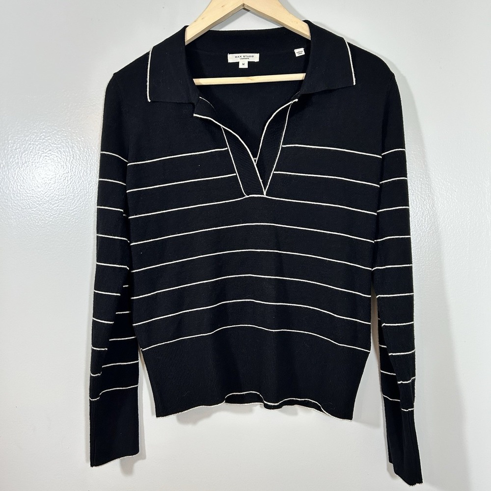 Max Studio Sweater Women's Medium Knit Polo Black Striped